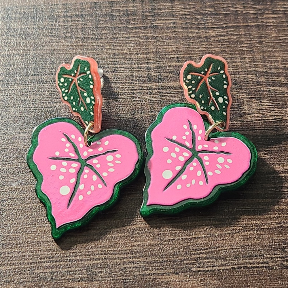 Pink Green Caladium Leaf Acrylic Drop Earrings Tropical Botanical Plant Jewelry